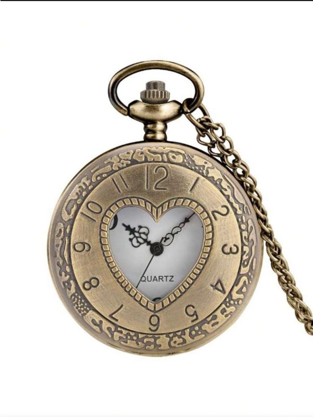 Bronze / Gold Tone Heart Window Pocket Watch Necklace